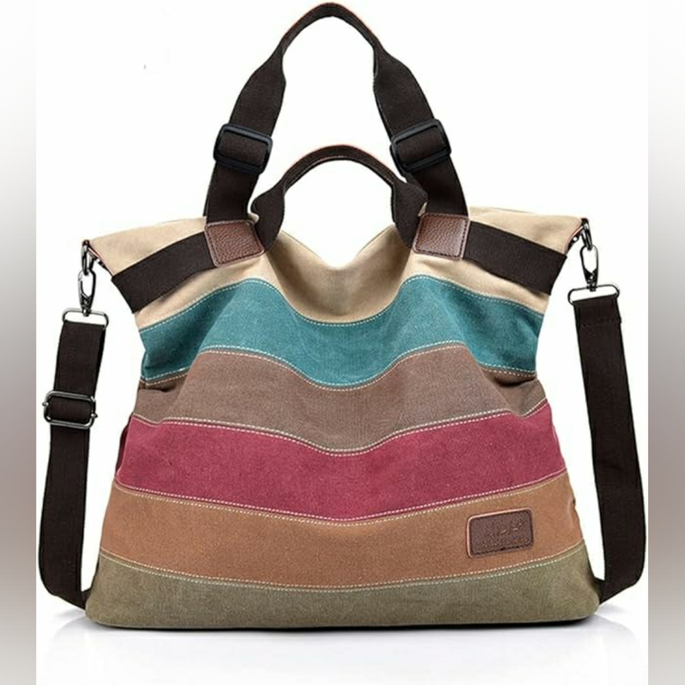 NEW Striped Canvas Crossbody Satchel Bag Large